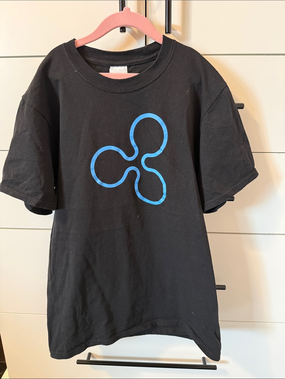 Ripple XRP Black Tee with Bright Blue Triskelion Graphic